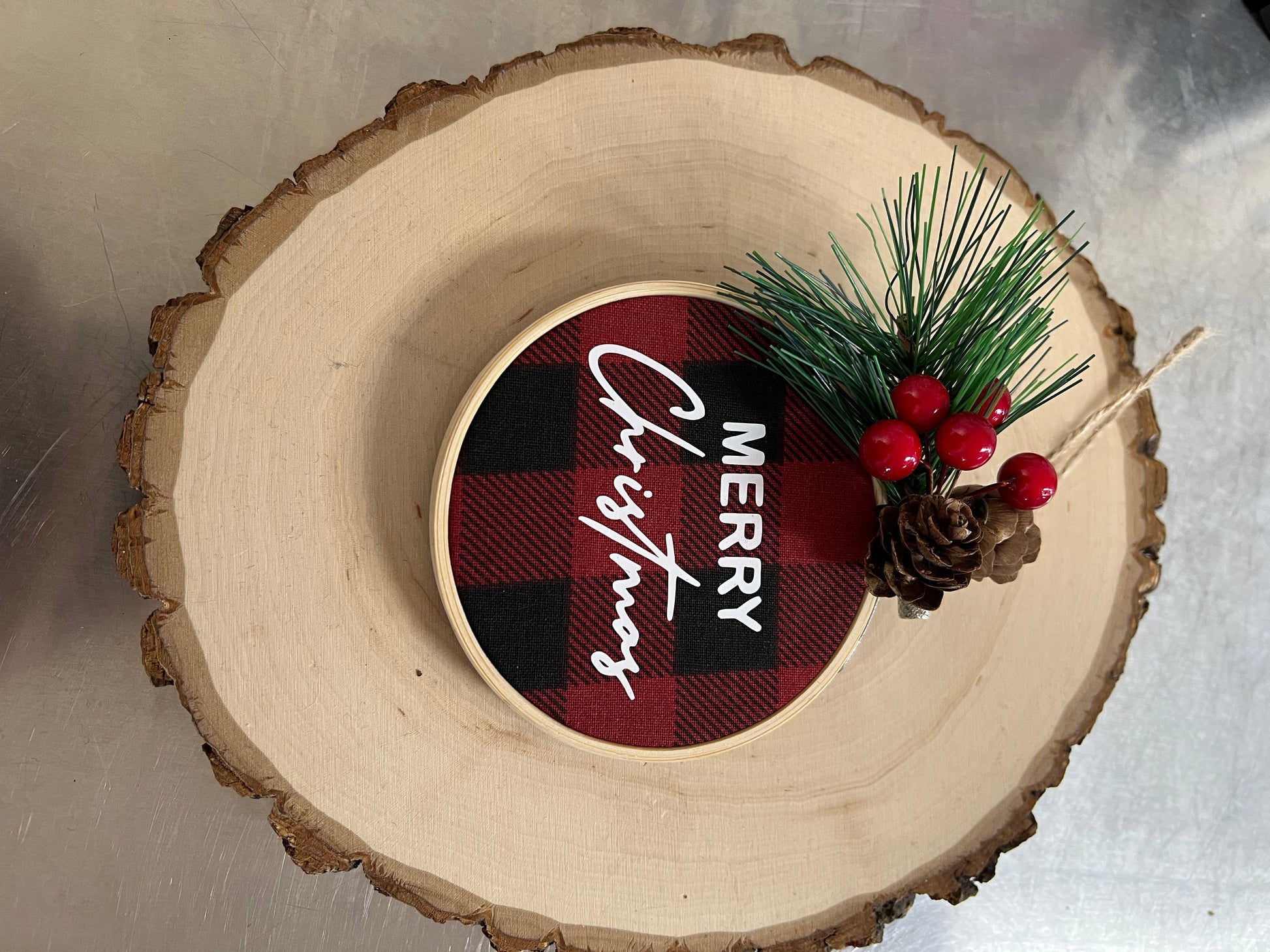 Hoop Ornament: Merry Christmas on Red Plaid with Greenery by SidePony Boutique