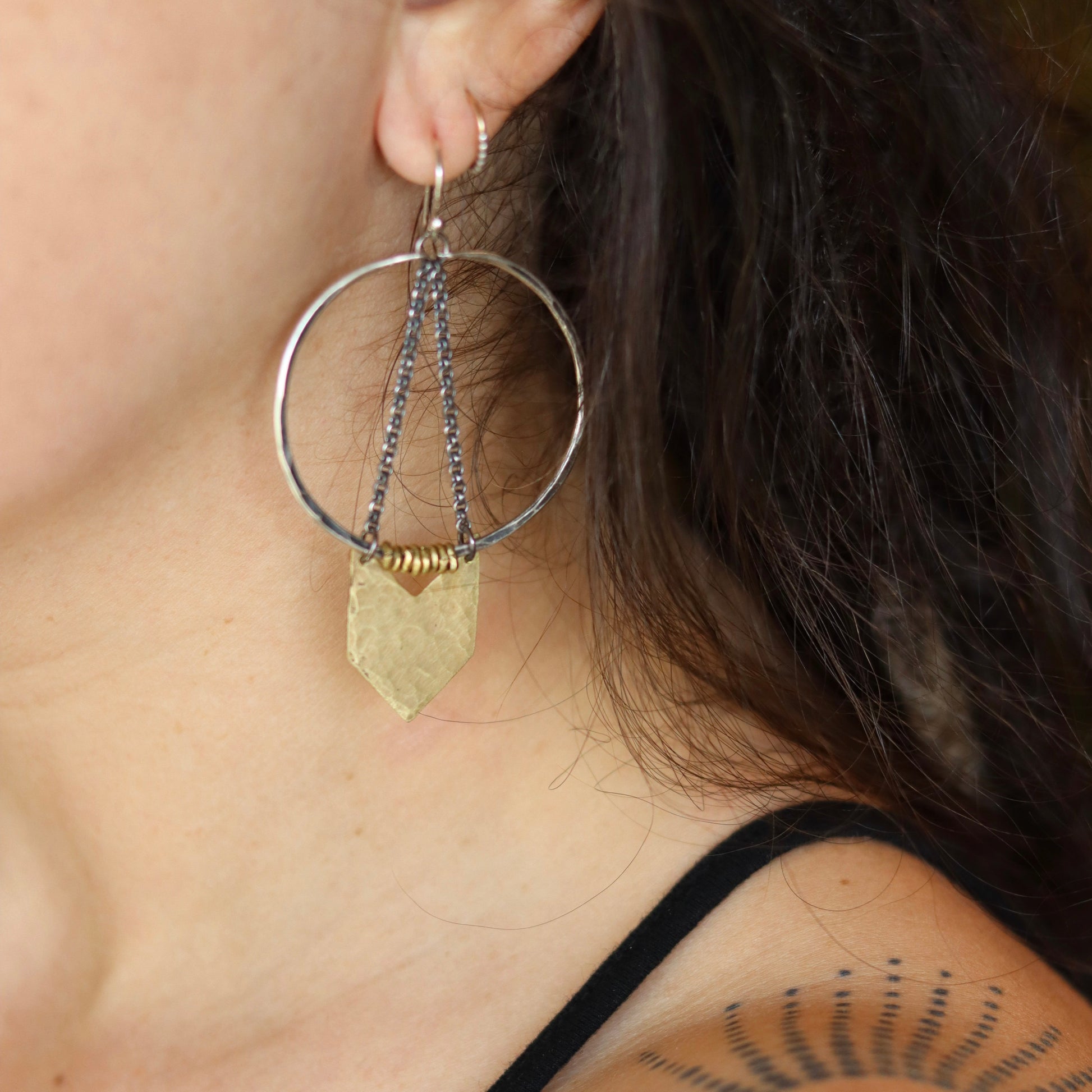 Silver Warrior Earrings with Brass Chevron by jenkahnjewelry