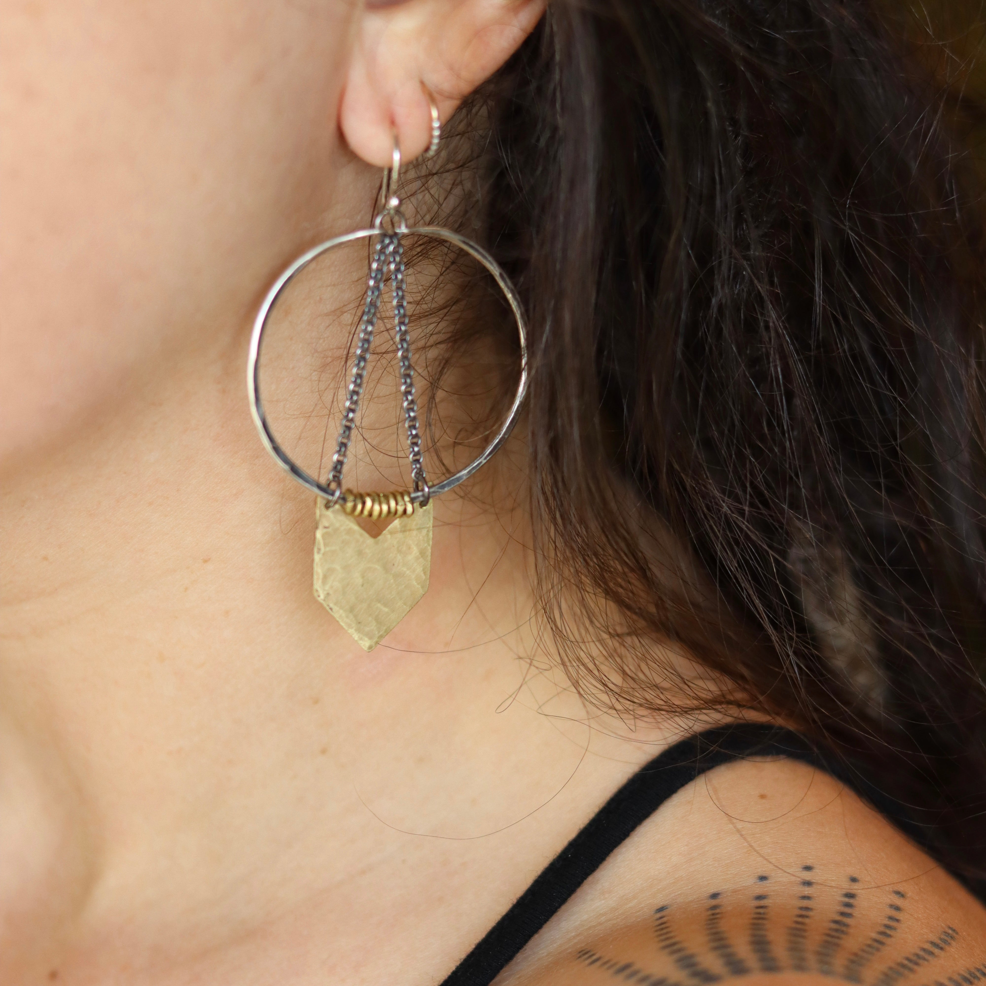 Silver Warrior Earrings with Brass Chevron by jenkahnjewelry