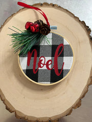 Hoop Ornament: Noel on White Plaid with Greenery by SidePony Boutique
