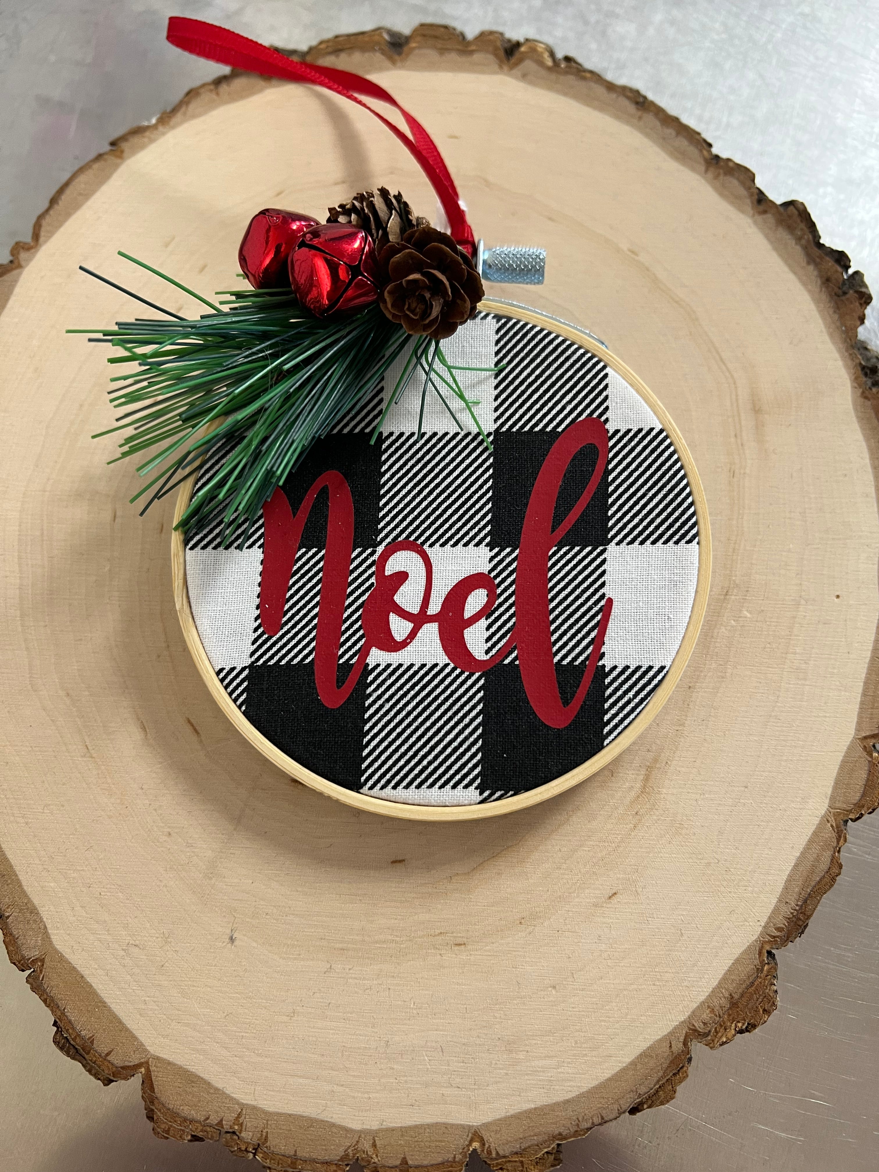 Hoop Ornament: Noel on White Plaid with Greenery by SidePony Boutique