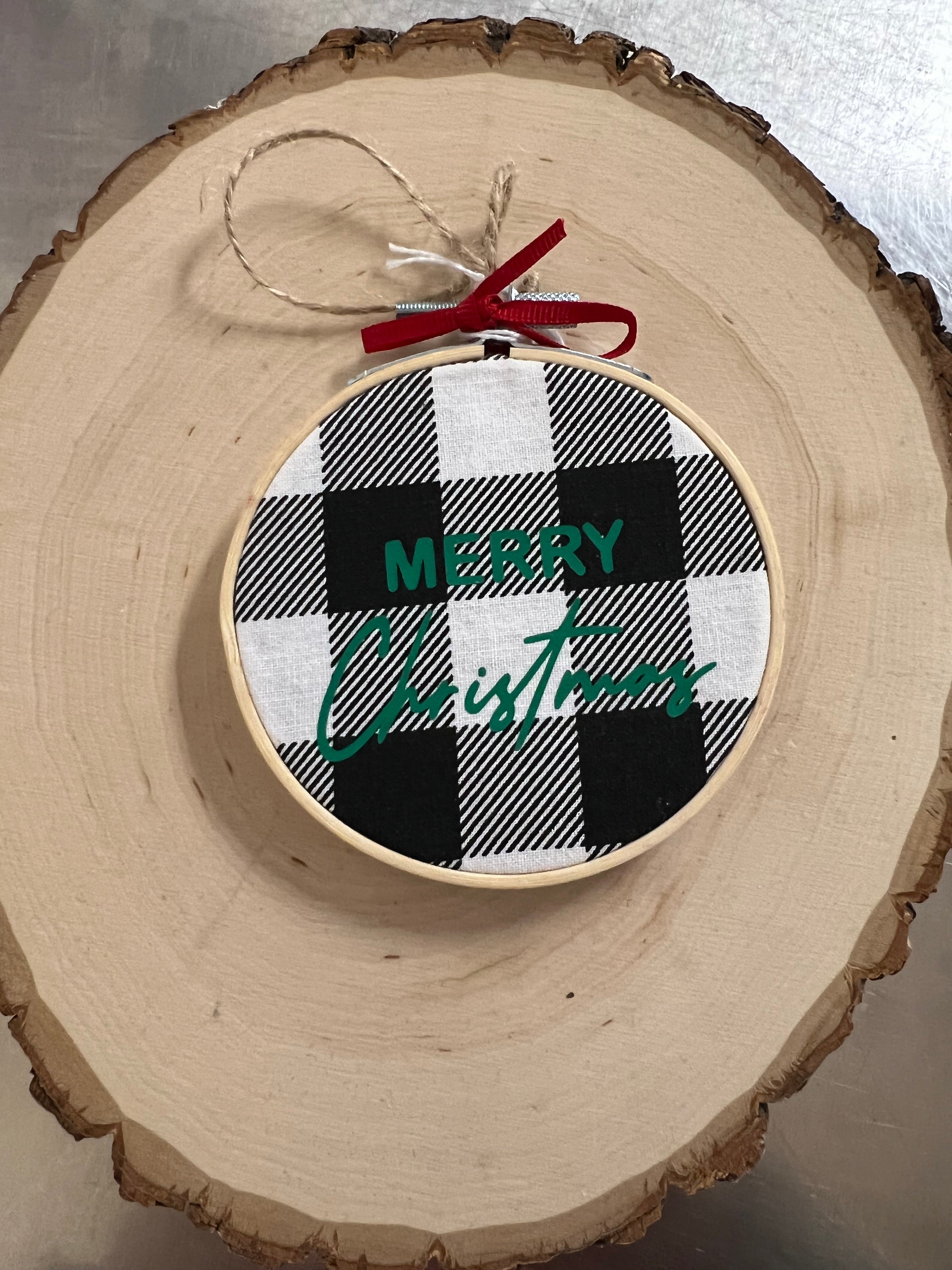 Hoop Ornament: Merry Christmas on White Plaid by SidePony Boutique