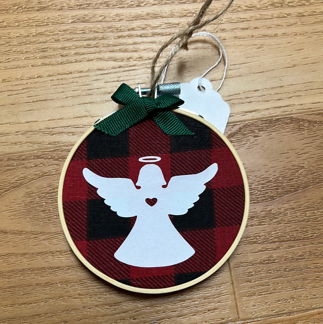 Hoop Ornament: Angel on Red Plaid by SidePony Boutique