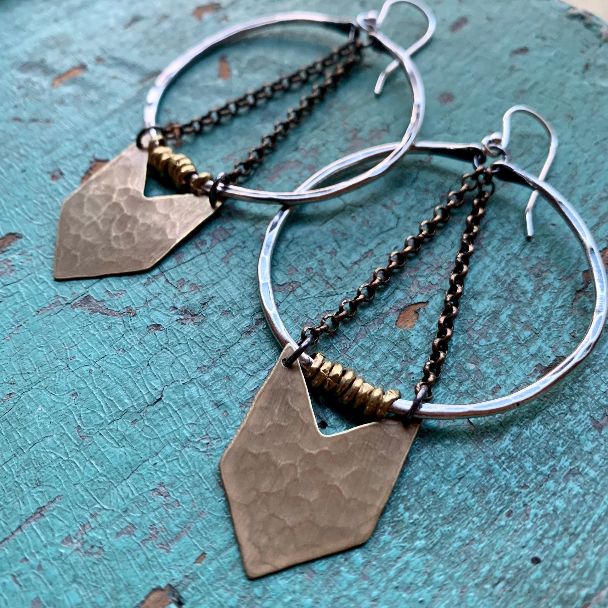 Silver Warrior Earrings with Brass Chevron by jenkahnjewelry