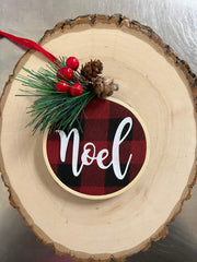 Hoop Ornament: Noel on Red Plaid with Greenery by SidePony Boutique