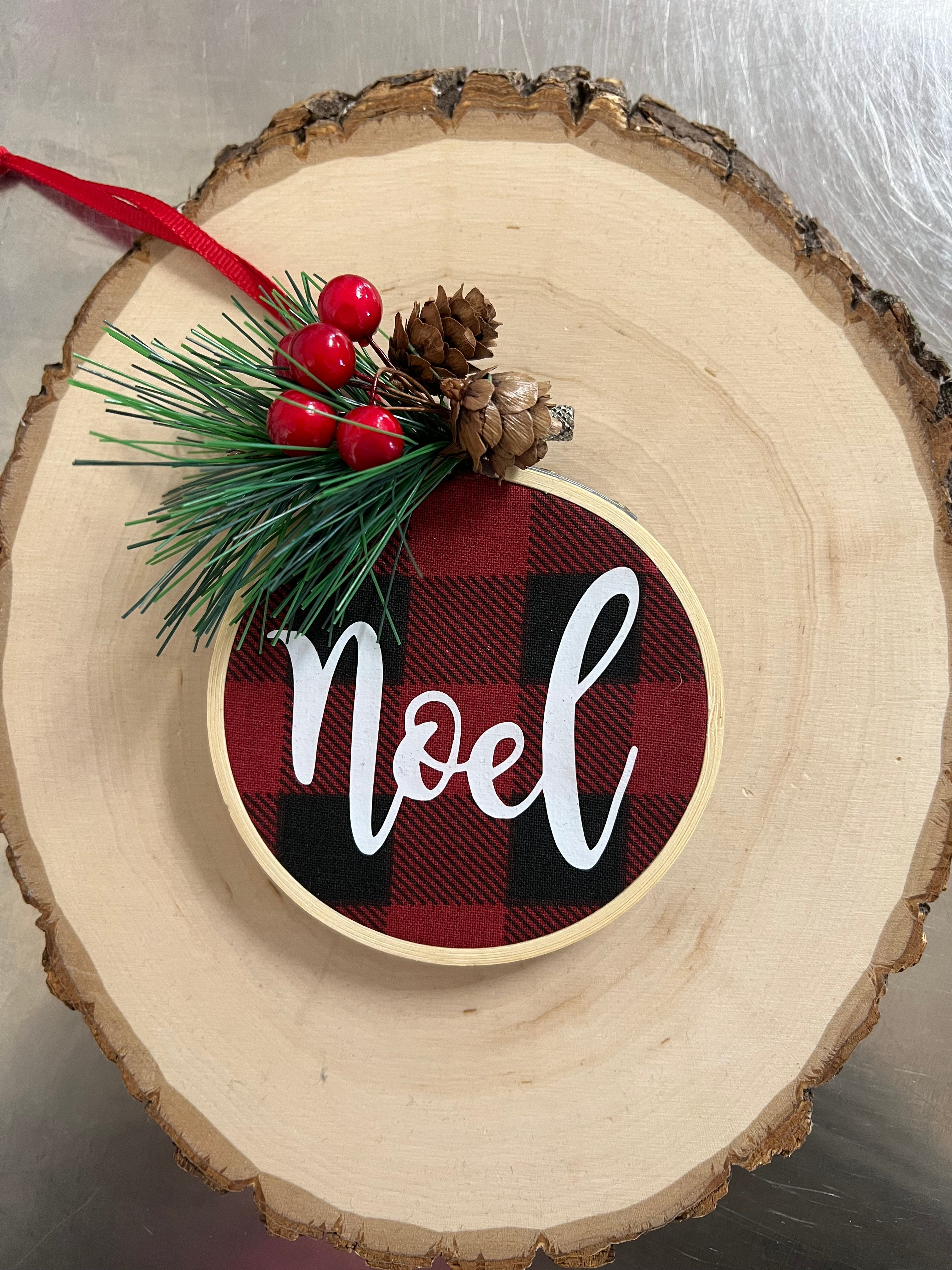 Hoop Ornament: Noel on Red Plaid with Greenery by SidePony Boutique