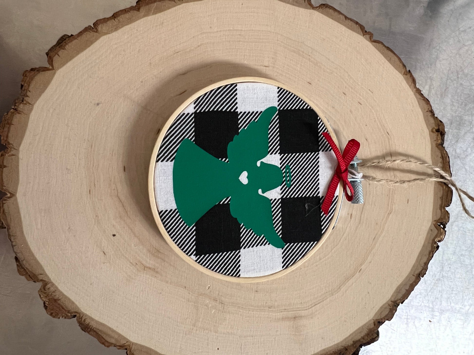 Hoop Ornament: Angel on White Plaid by SidePony Boutique