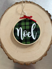 Hoop Ornament: Noel on Green Plaid by SidePony Boutique