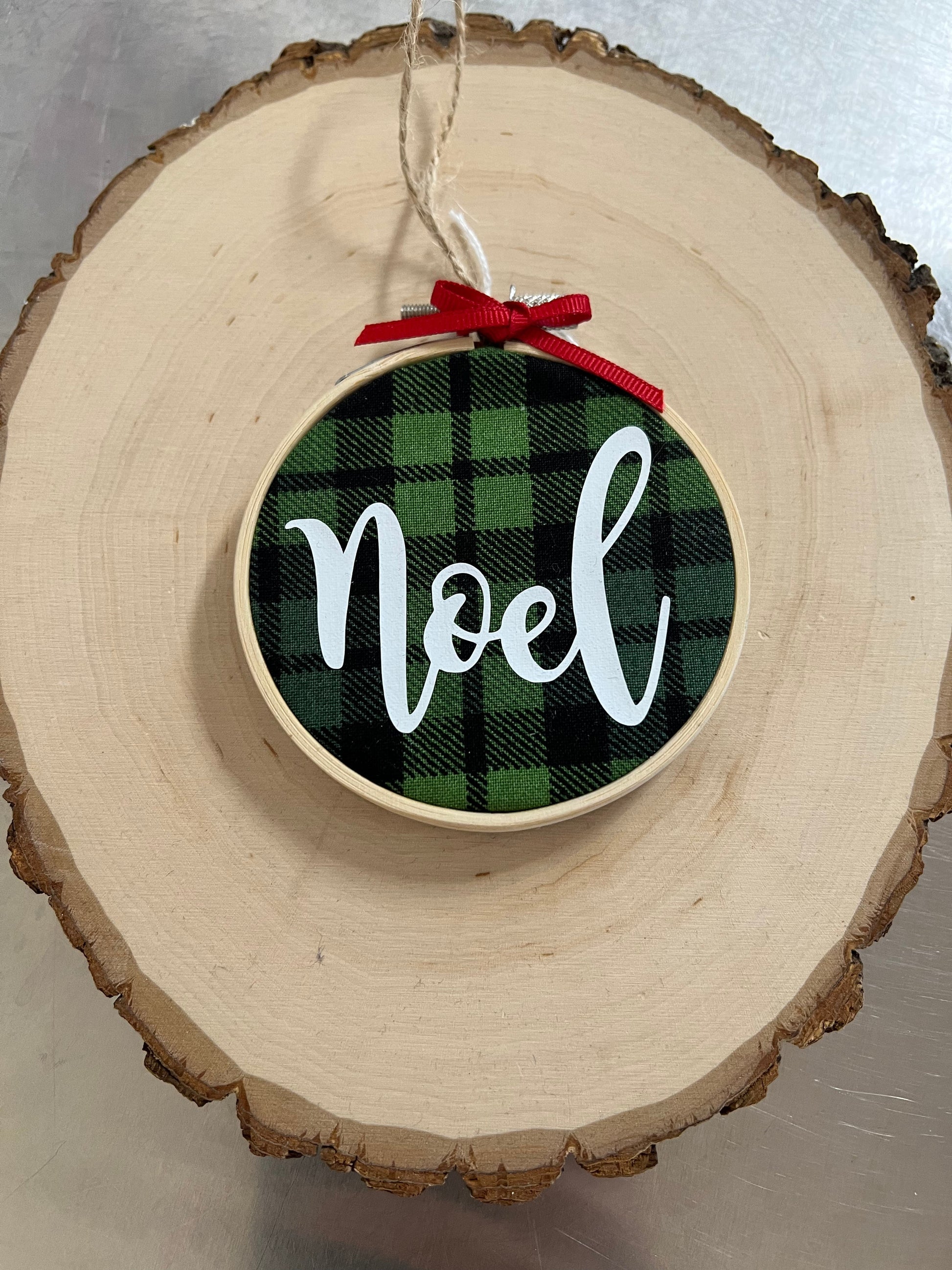 Hoop Ornament: Noel on Green Plaid by SidePony Boutique