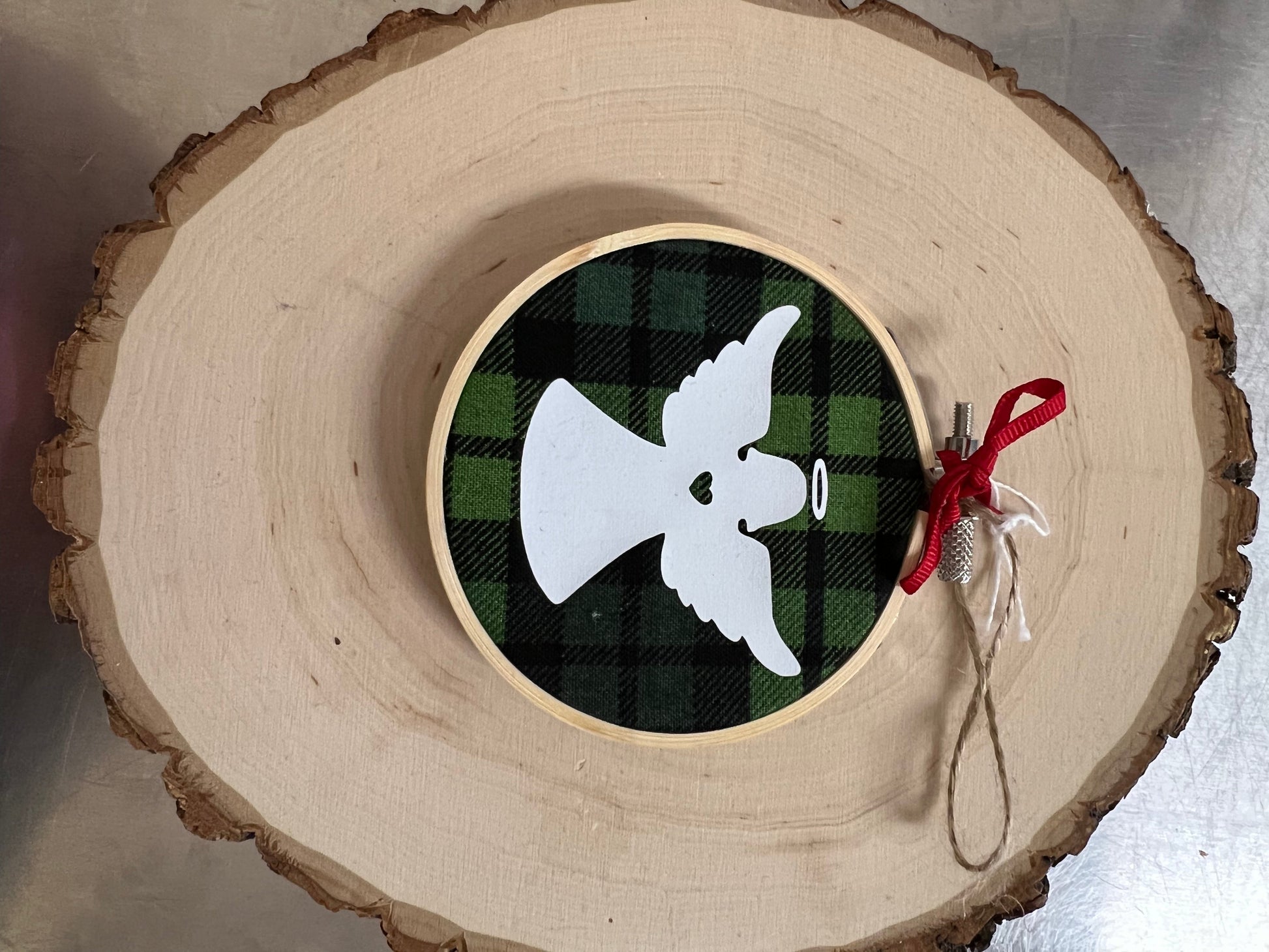 Hoop Ornament: Angel on Green Plaid by SidePony Boutique