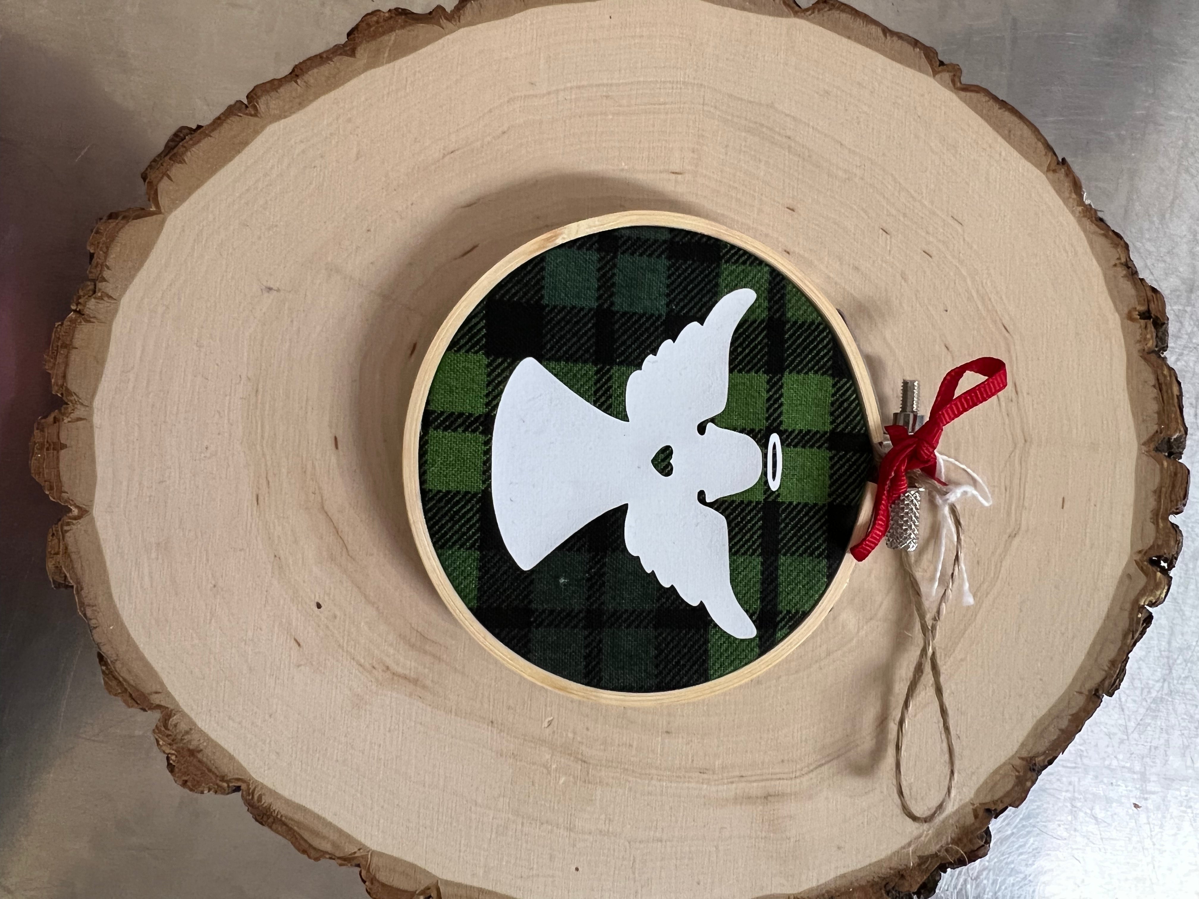 Hoop Ornament: Angel on Green Plaid by SidePony Boutique