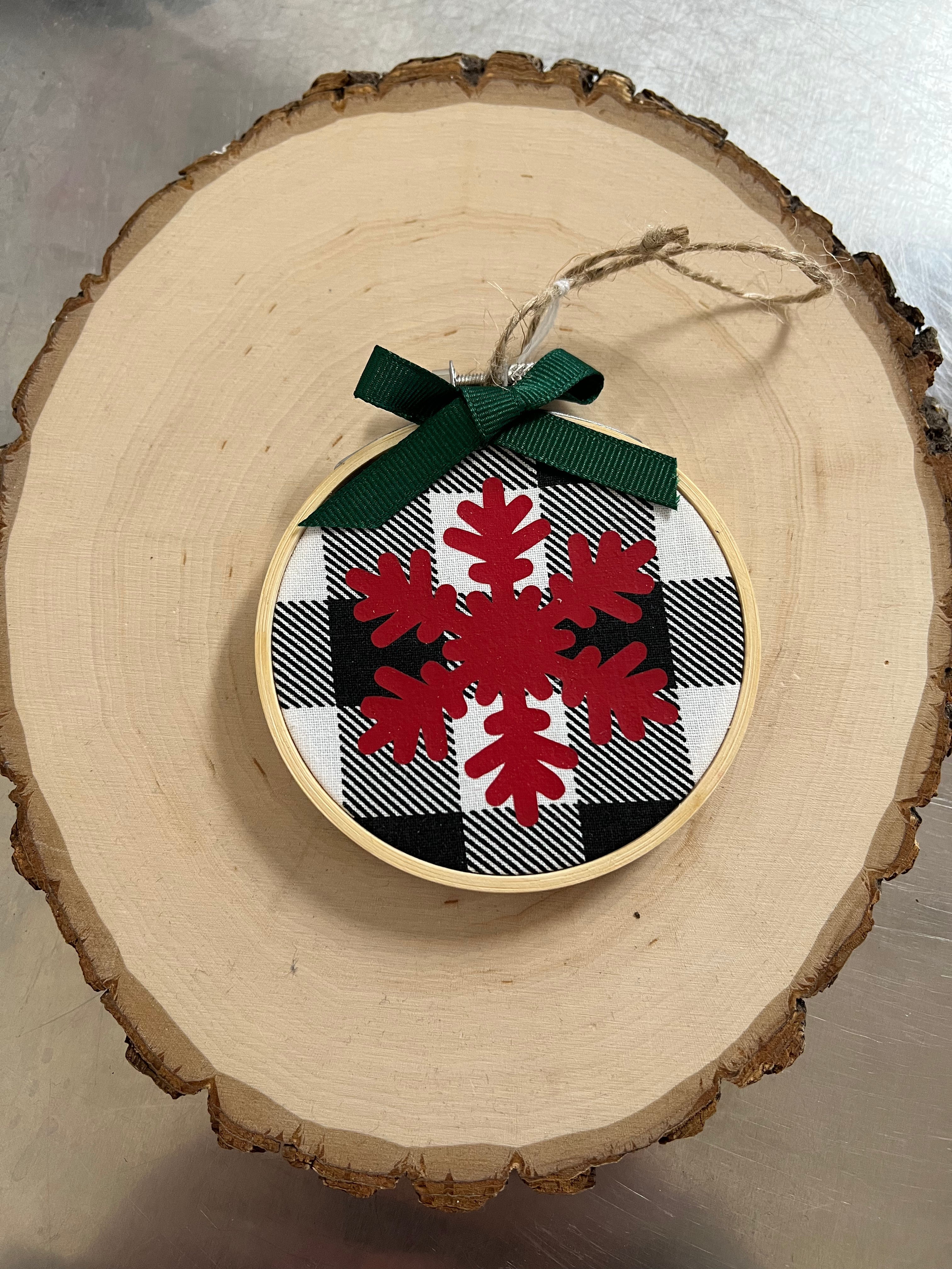 Hoop Ornament: Snowflake on White Plaid by SidePony Boutique