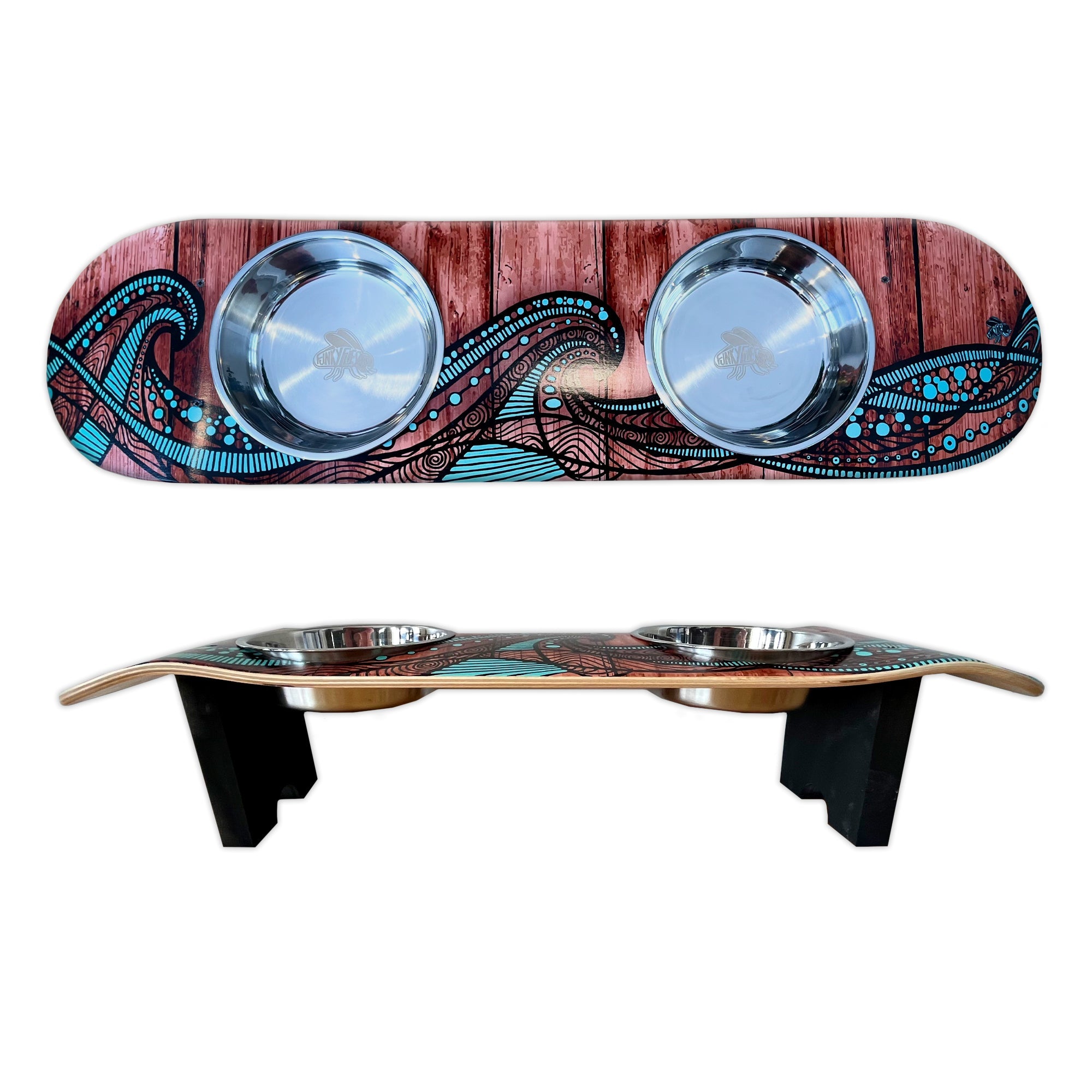 Island Time - Elevated Skateboard Dog Feeding Stand with 2 Bowls