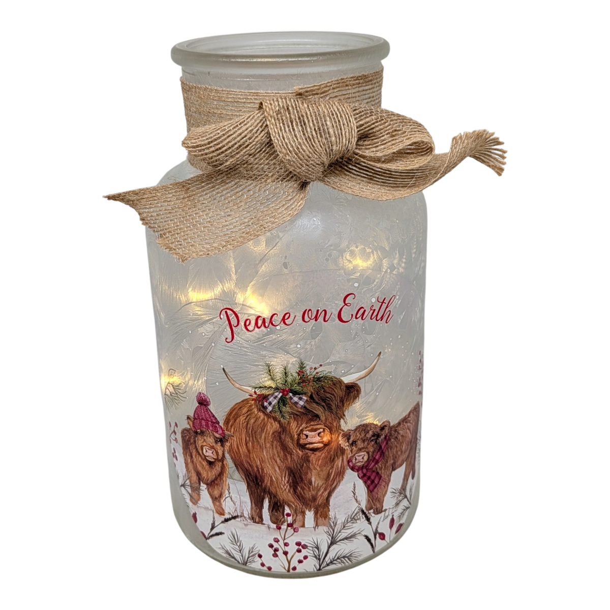 Lighted Frosted Glass Highland Cow Luminary – "Peace on Earth"