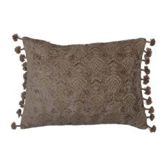 Pillow Lumbar Chenille With Embroidery Cotton Blend & Tassels Tan by Homeportonline