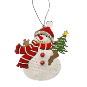 Wood and Fur Snowman Ornament - Holding a Tree