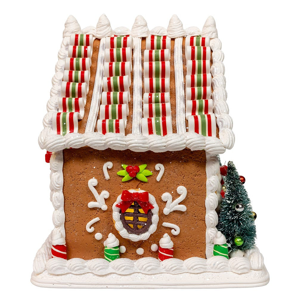 Lighted Gingerbread House With Ribbon Candy Roof - 9 Inch