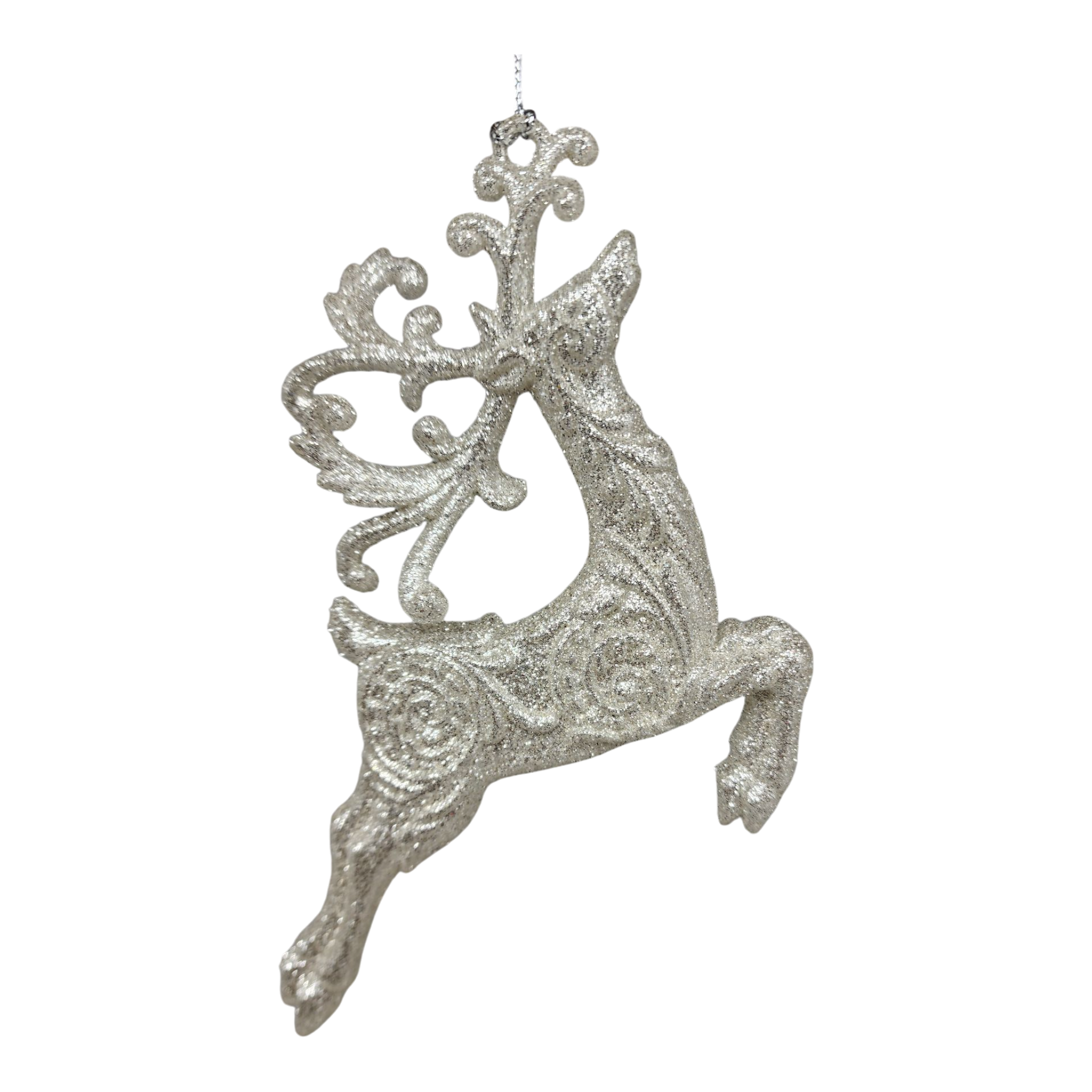 Silver Glittered Reindeer Ornament -  Leaping
