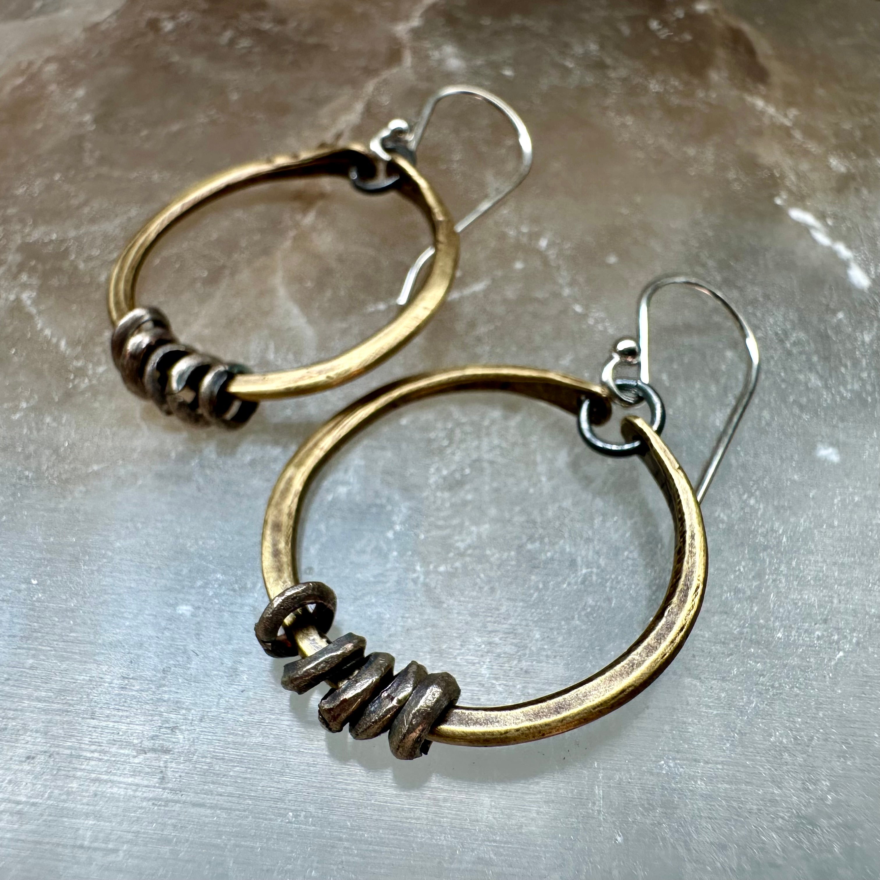 Brass Hoop Earrings with Silver Heishi