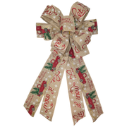 Fabric Bow - 18" x 10" - Natural Linen with Merry Christmas Vintage Trucks and Trees