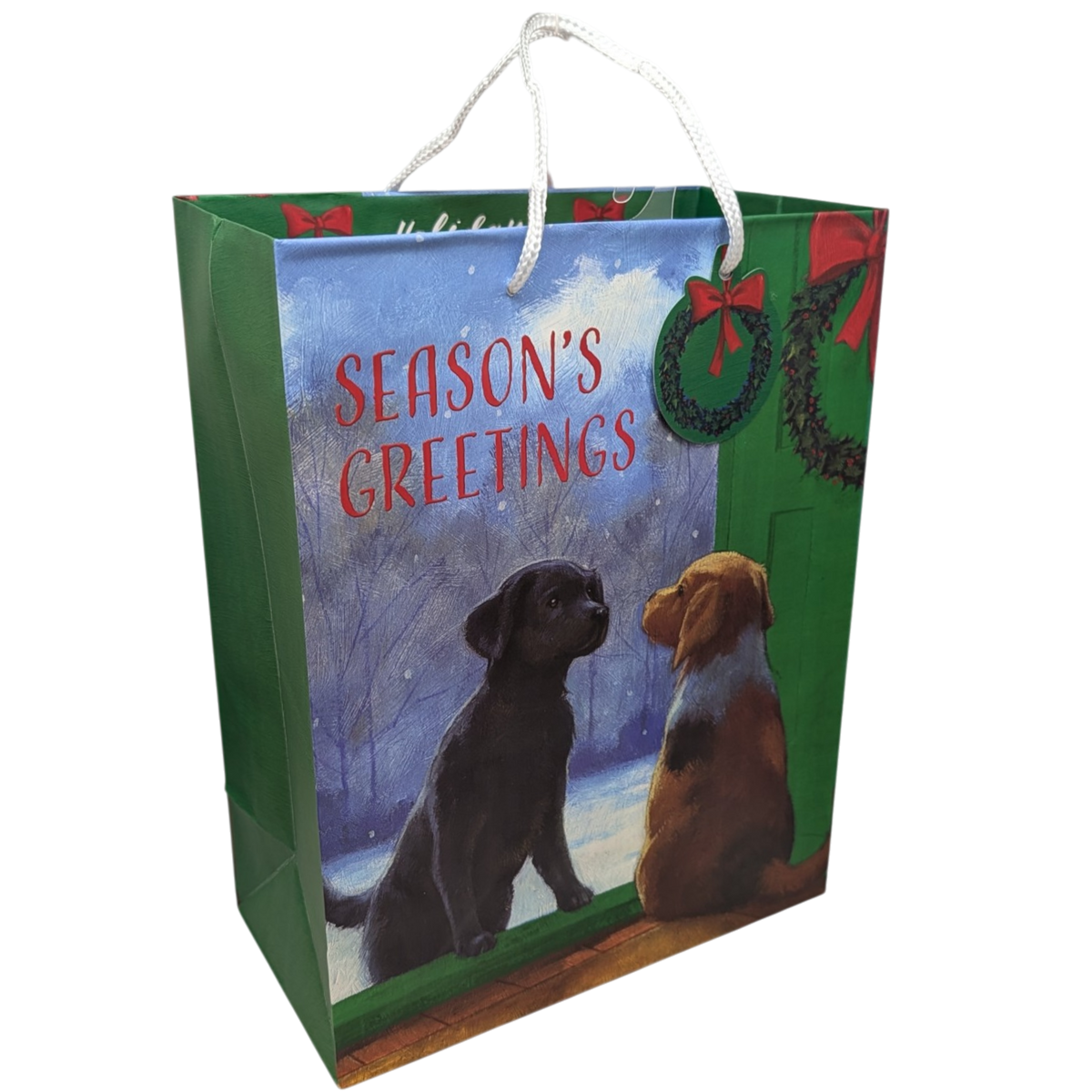 Season's Greetings Gift Bag – Dog Lovers' Winter Scene with Red & White Striped Lining