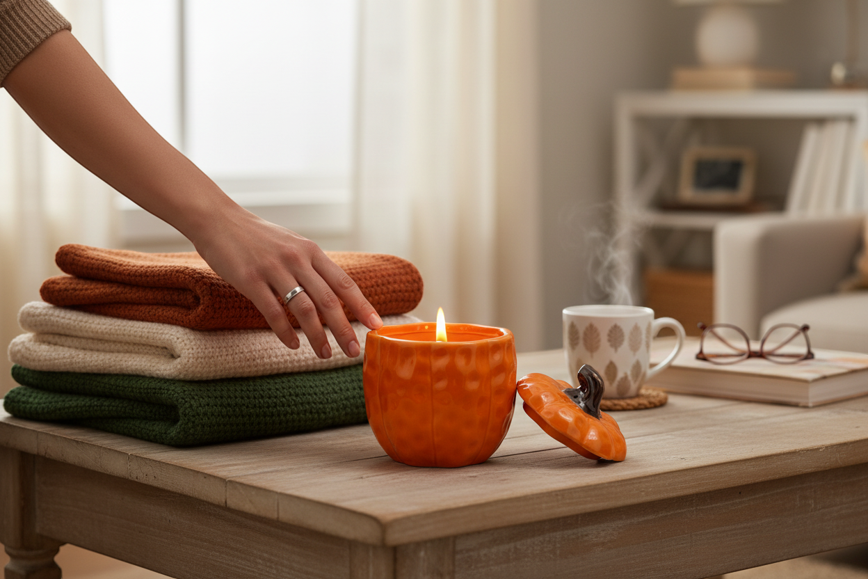 Covered Ceramic Pumpkin Jar Wax Candle - Orange
