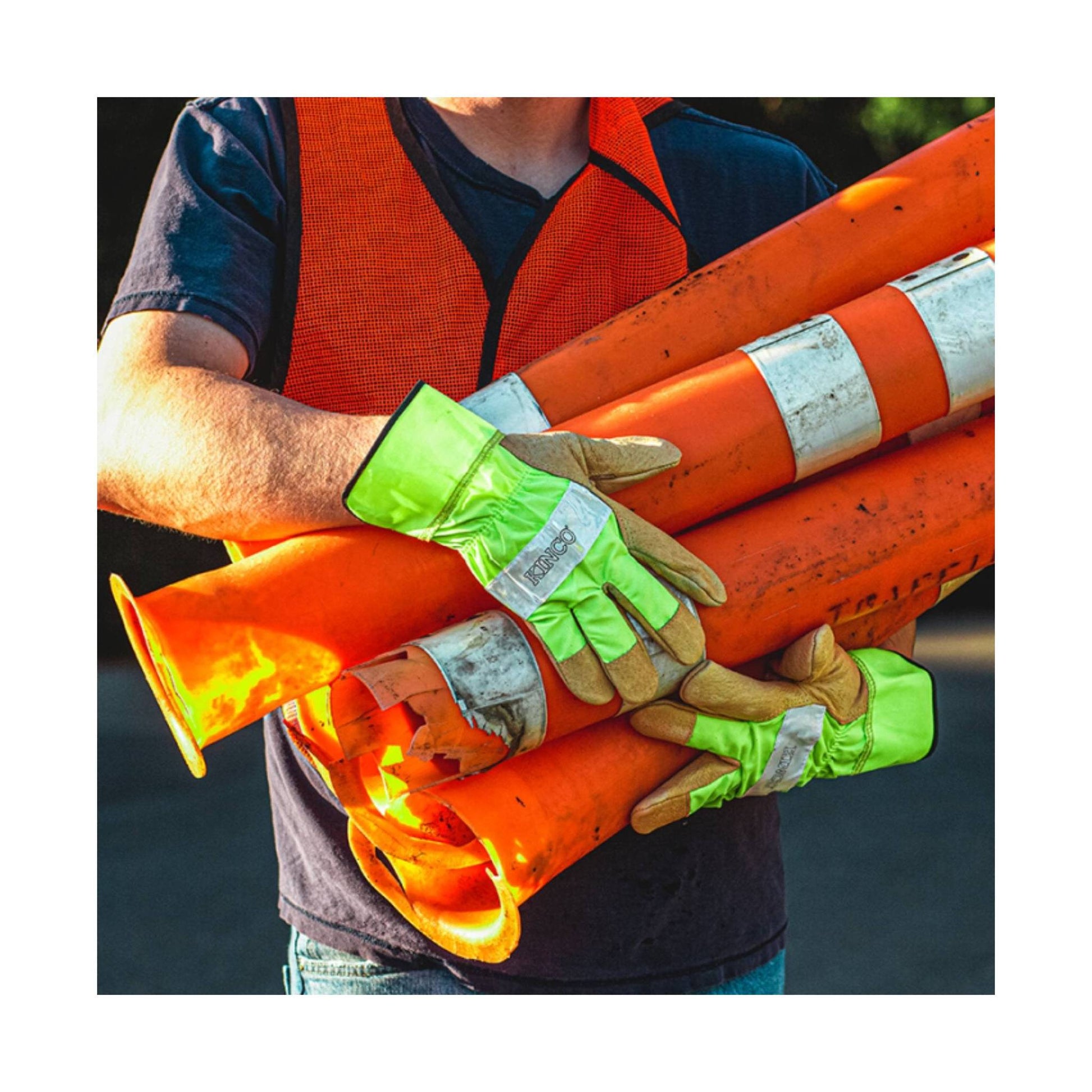 Kinco Men's Hi-Vis Green and Grain Pigskin Palm Work Gloves - Beige/Green by Lenny's Shoe & Apparel