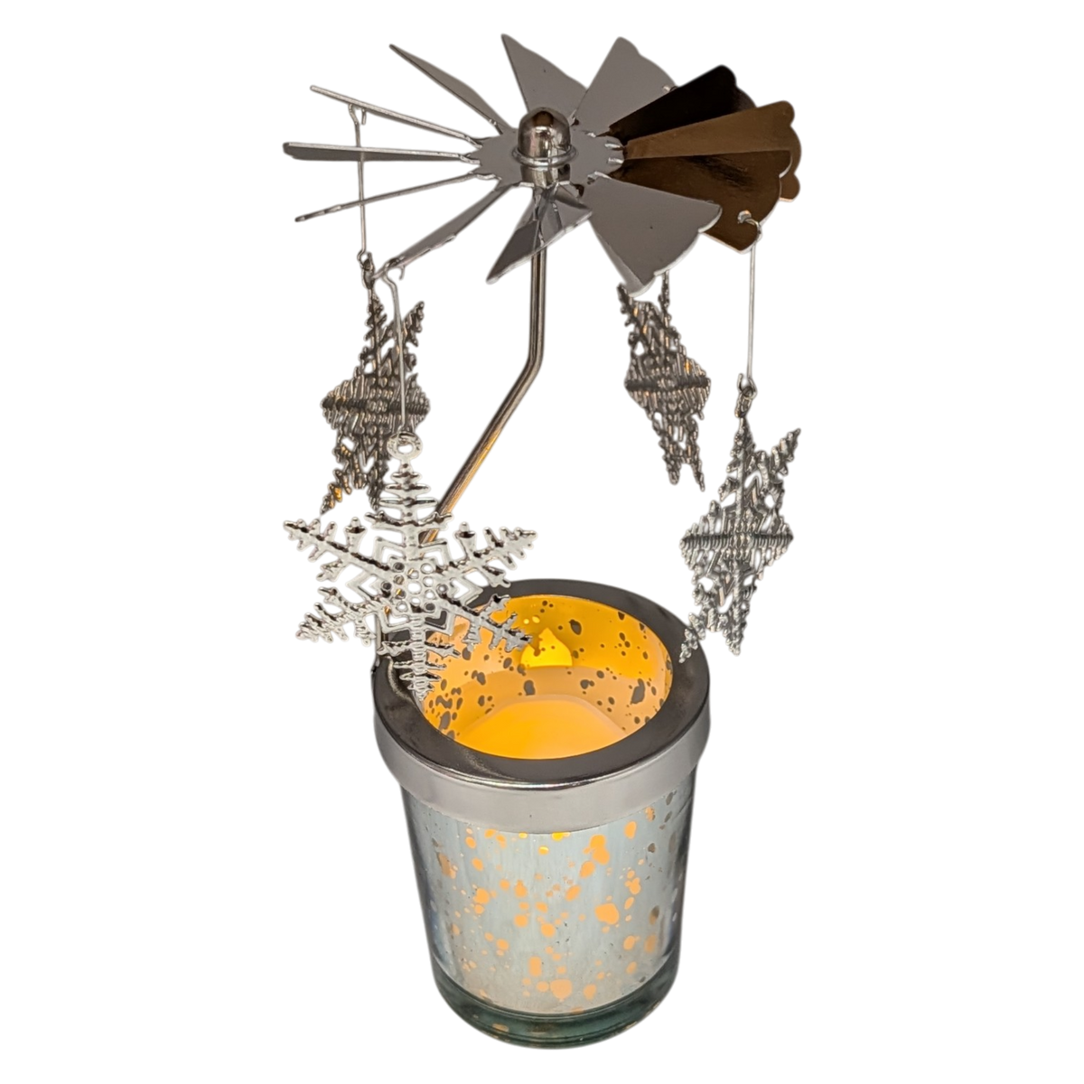 Starry Sky Rotating Candle Holder - Silver with Snowflake Dangles