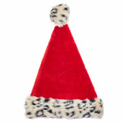 Red Plush Santa Hat With Leopard Fur Trim