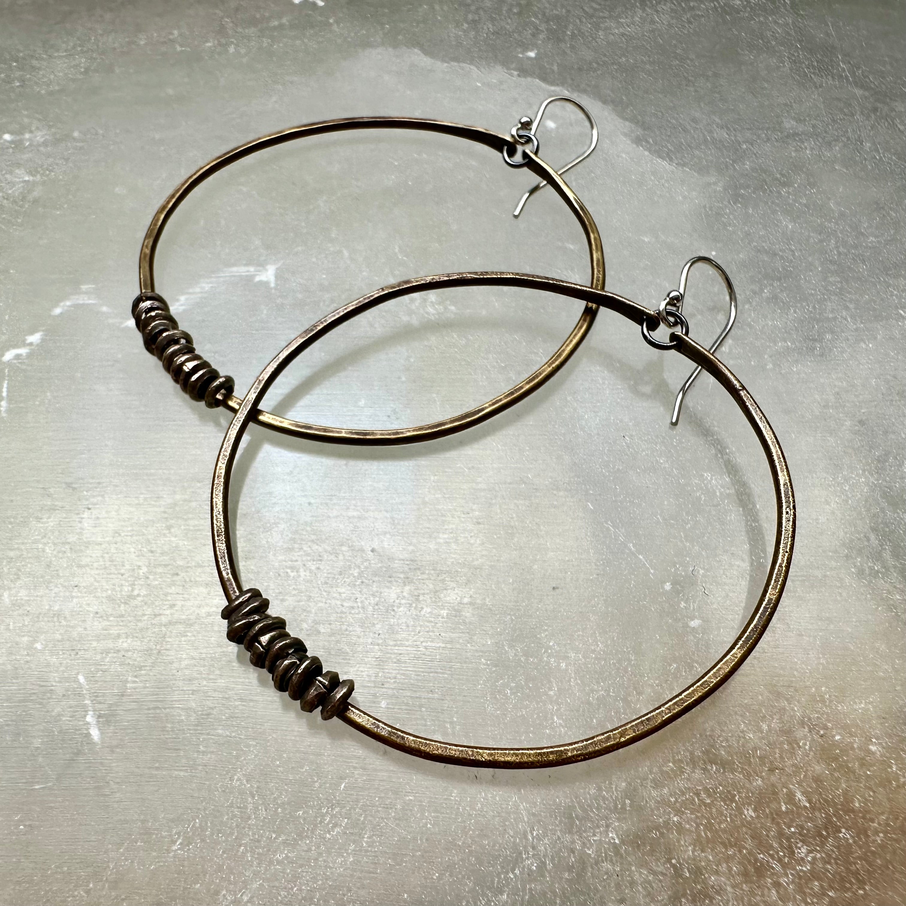 Brass Hoop Earrings with Silver Heishi