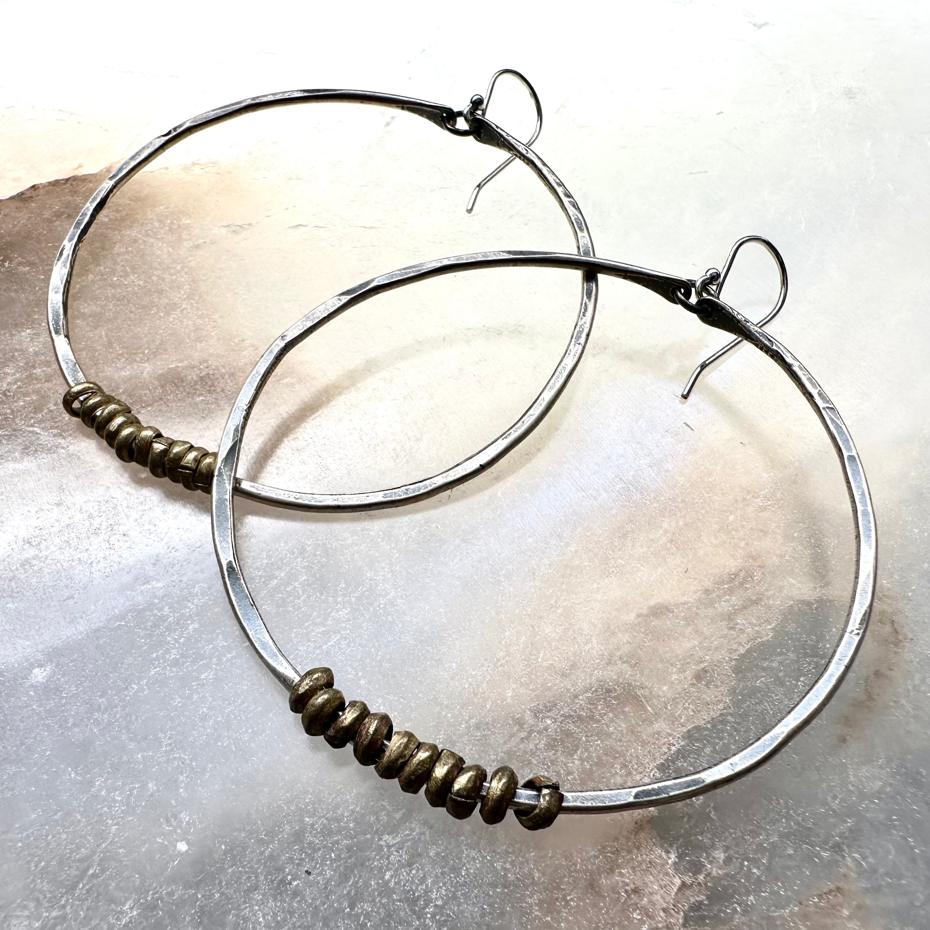 Silver Hoop Earrings with Brass Heishi