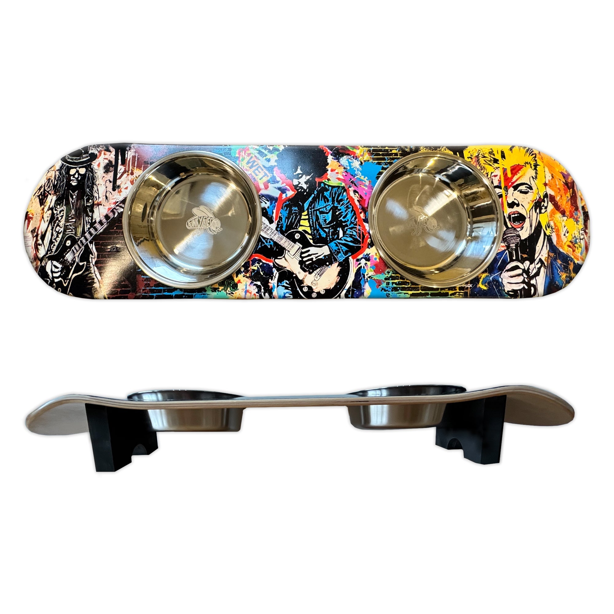 Rock Legends - Elevated Skateboard Cat Feeding Stand with 2 Bowls