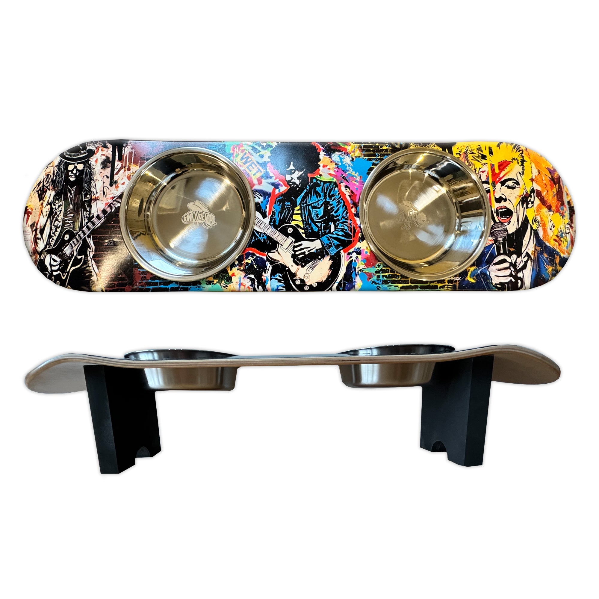 Rock Legends - Elevated Skateboard Dog Feeding Stand with 2 Bowls