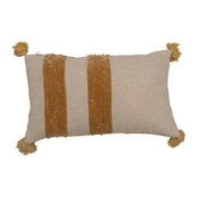 Pillow Lumbar Velvet Stripes French Knots & Tassels Cotton Natural & Mustard Gold by Homeportonline
