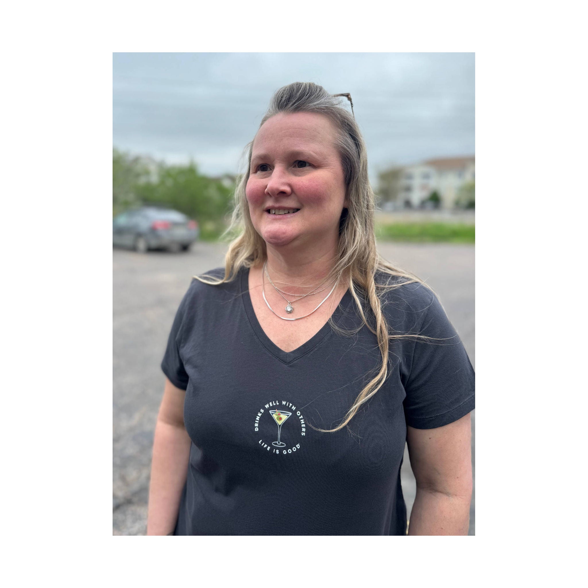 Life Is Good Women's Drinks Well With Others Martini Short Sleeve Crusher Vee - Black by Lenny's Shoe & Apparel