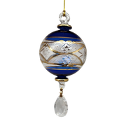 Etched Blown Glass Ball with Crystal Dangle - Blue