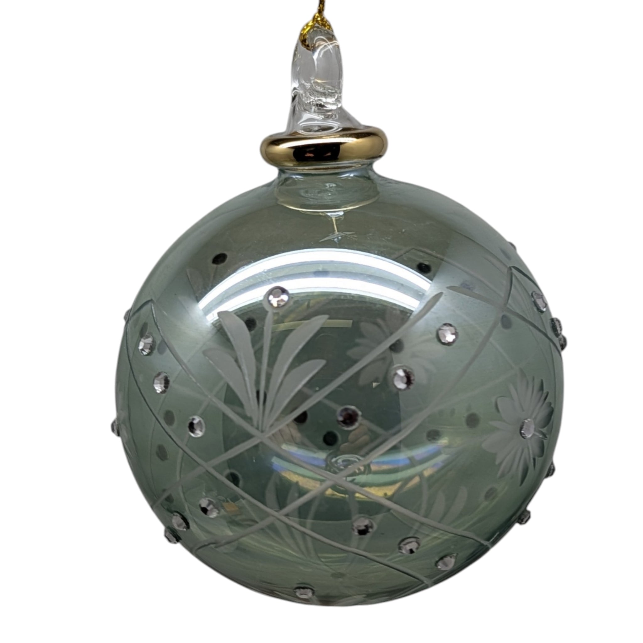 Sage Green Ball Ornament with Crystal Chatons and Gold Crown