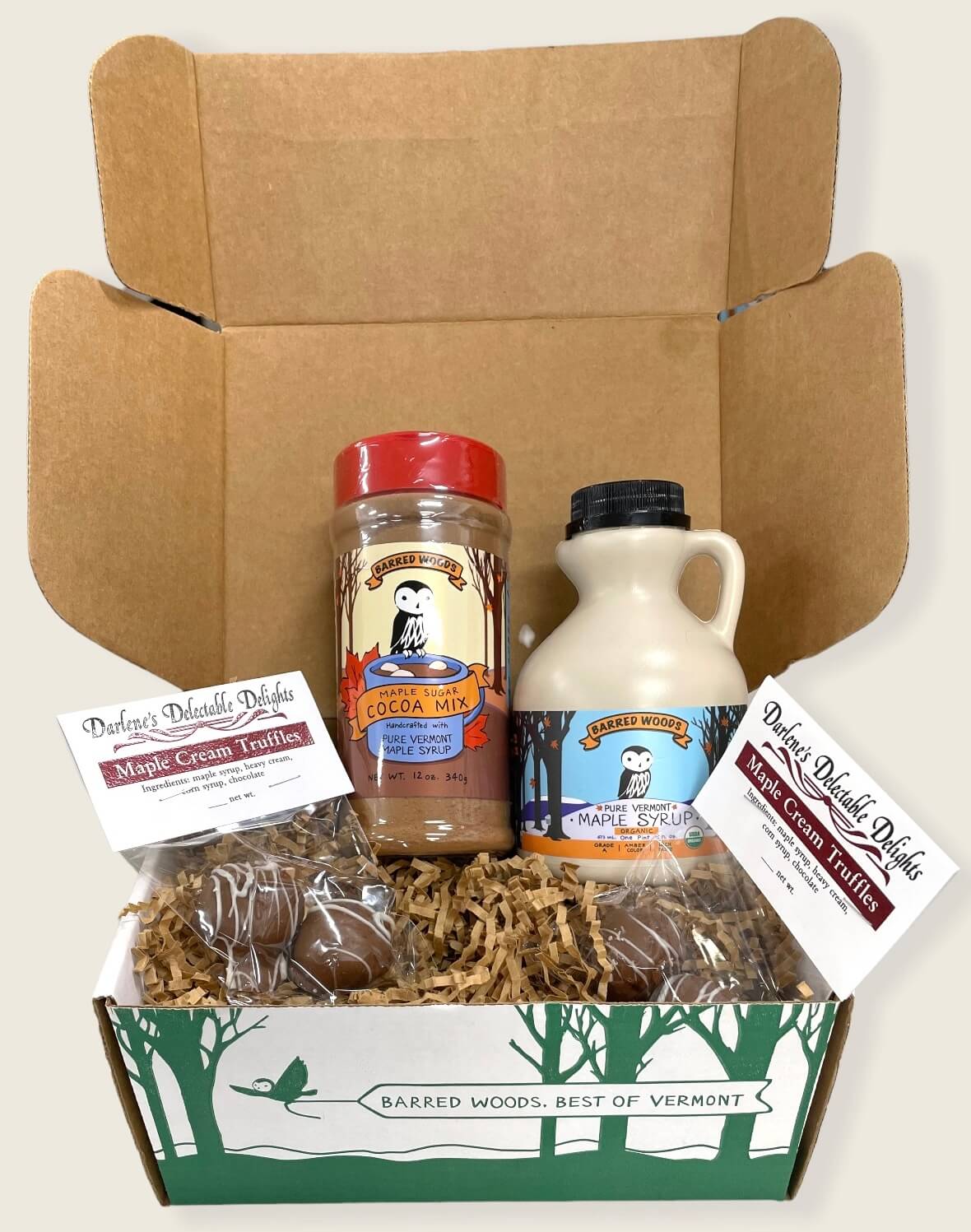 Hot Cocoa Mix, 4 Chocolate Truffles and One Pint of Maple Syrup Gift Box by Barred Woods Maple