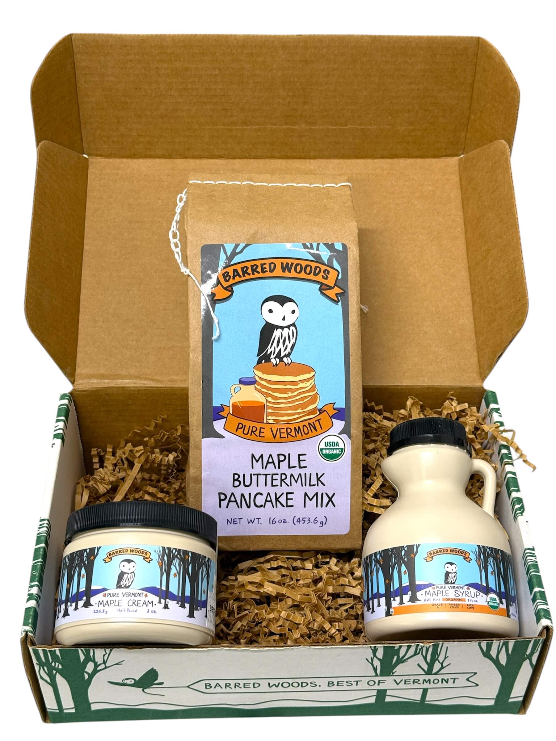 Maple Gift Box with 8 oz Jug of Syrup, Pancake Mix, and Maple Cream by Barred Woods Maple