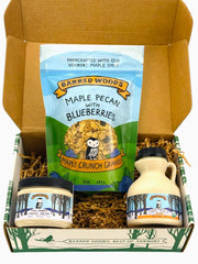 Maple Gift Box with a Jug of Pure Vermont Maple Syrup, a 10 oz Bag of Maple Crunch Granola, and a Jar of Delicious Maple Cream by Barred Woods Maple