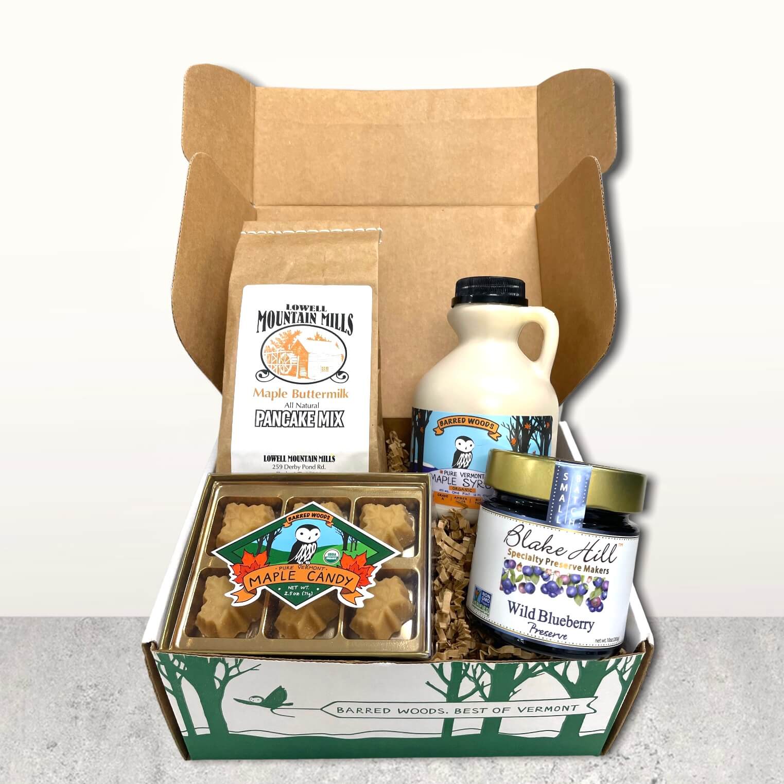 Taste of Vermont Gift Box. Pancakes, Maple Syrup, and Blake Hill Blueberry Preserve by Barred Woods Maple