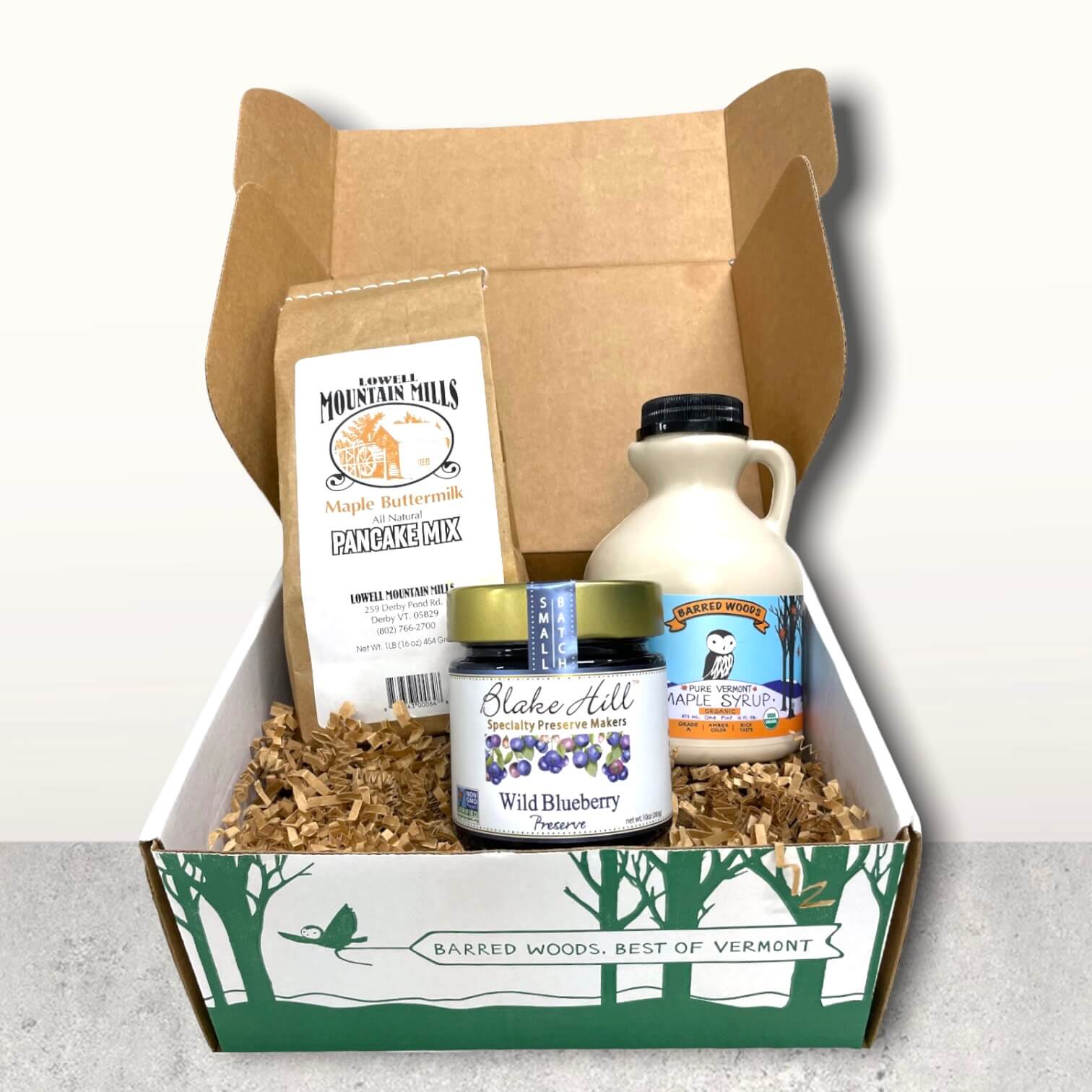 Taste of Vermont Gift Box. Pancakes, Maple Syrup, and Blake Hill Blueberry Preserve by Barred Woods Maple
