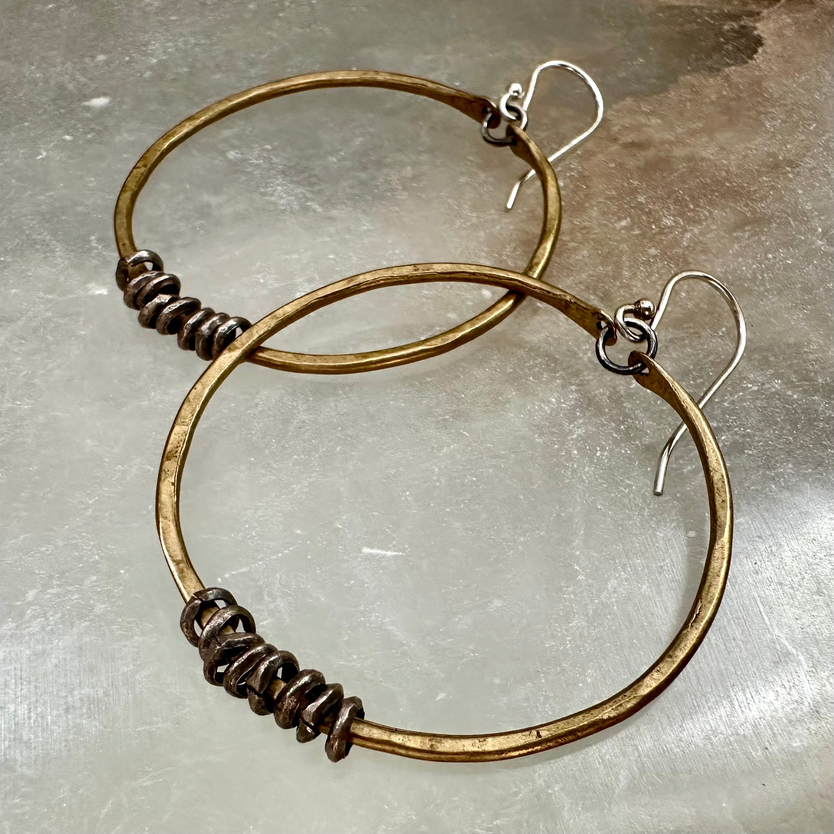Brass Hoop Earrings with Silver Heishi