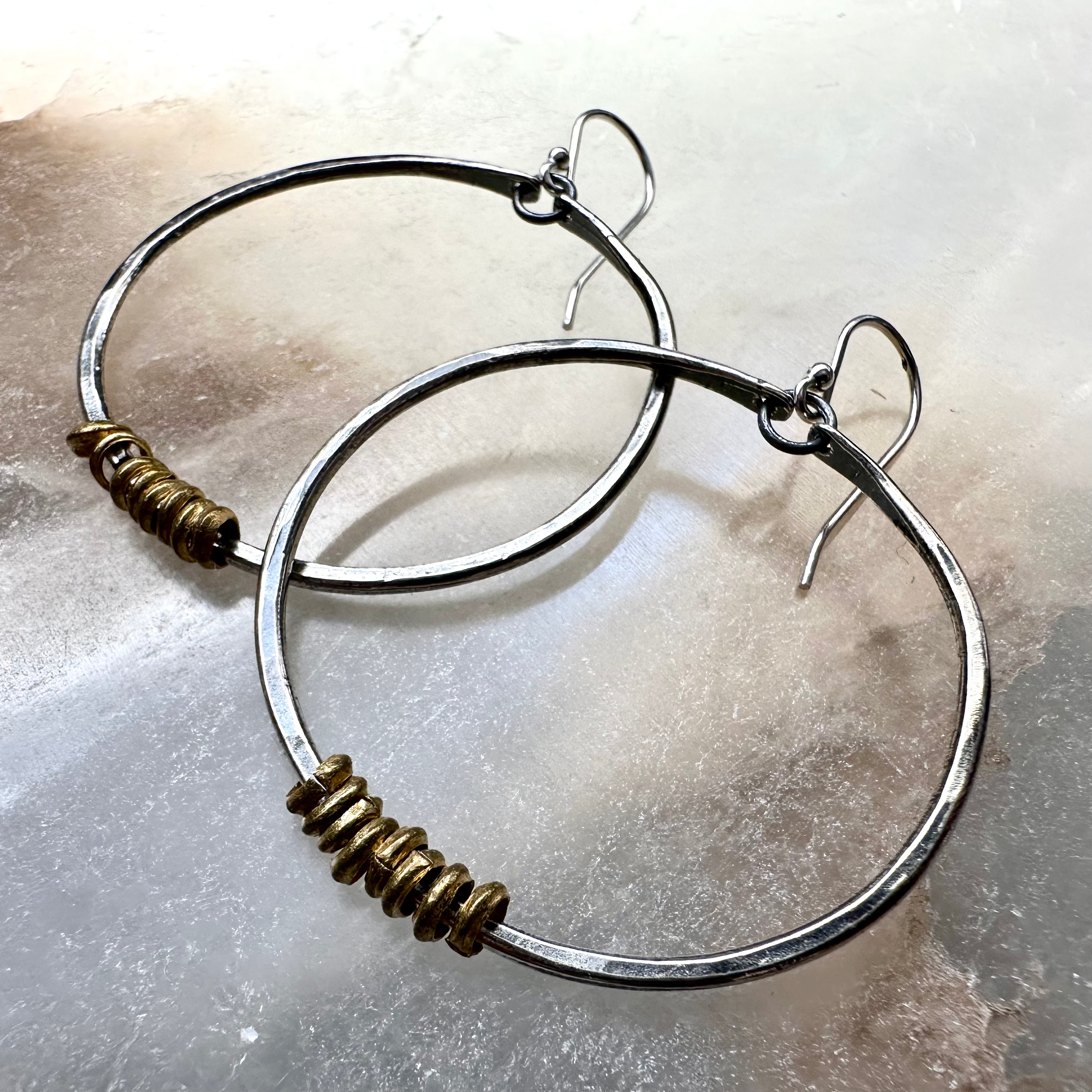 Silver Hoop Earrings with Brass Heishi