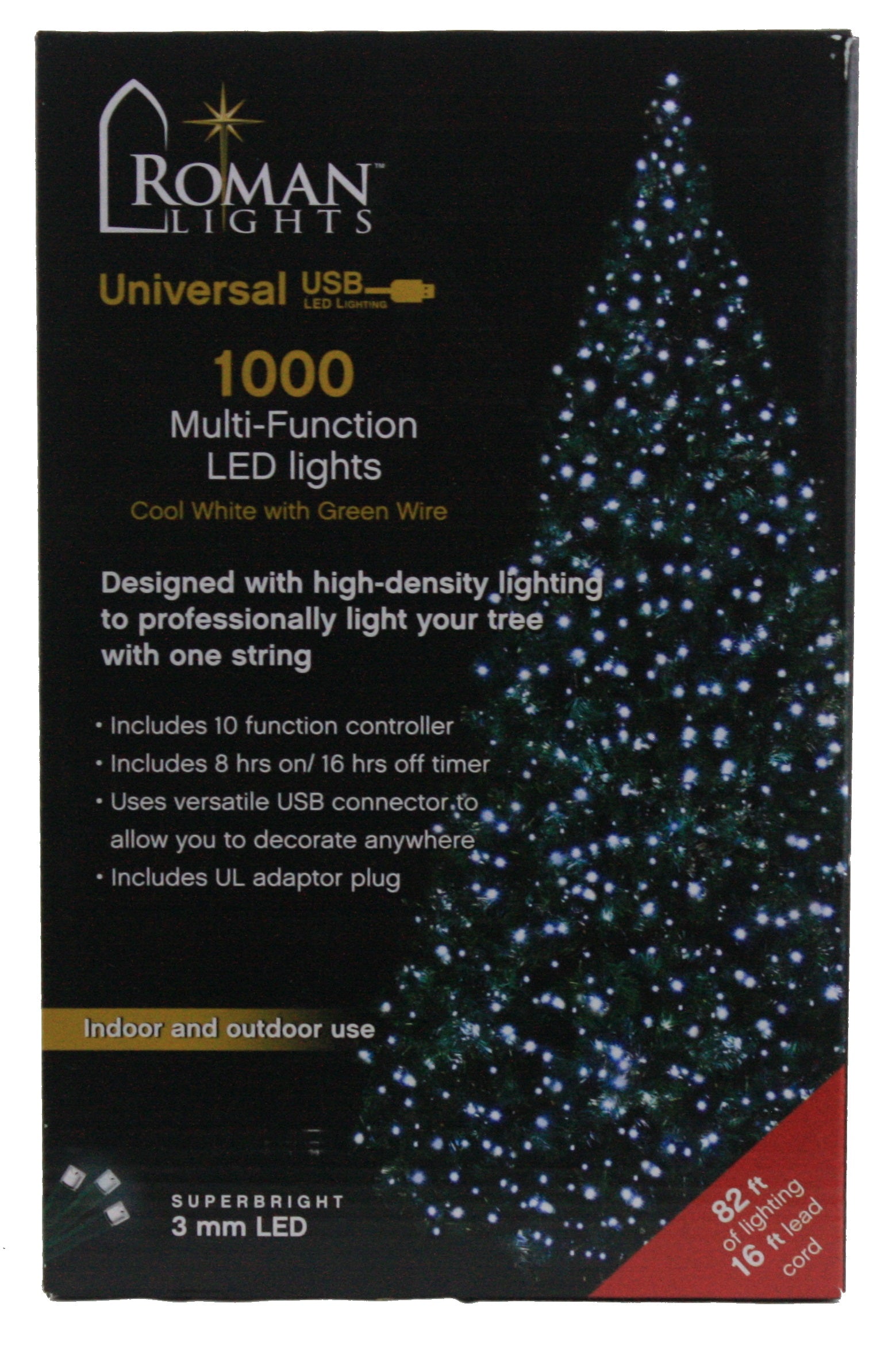 USB powered 1000 Superbright LED (82 foot) Green Wire Multifunction Lights with Timer - Cool White
