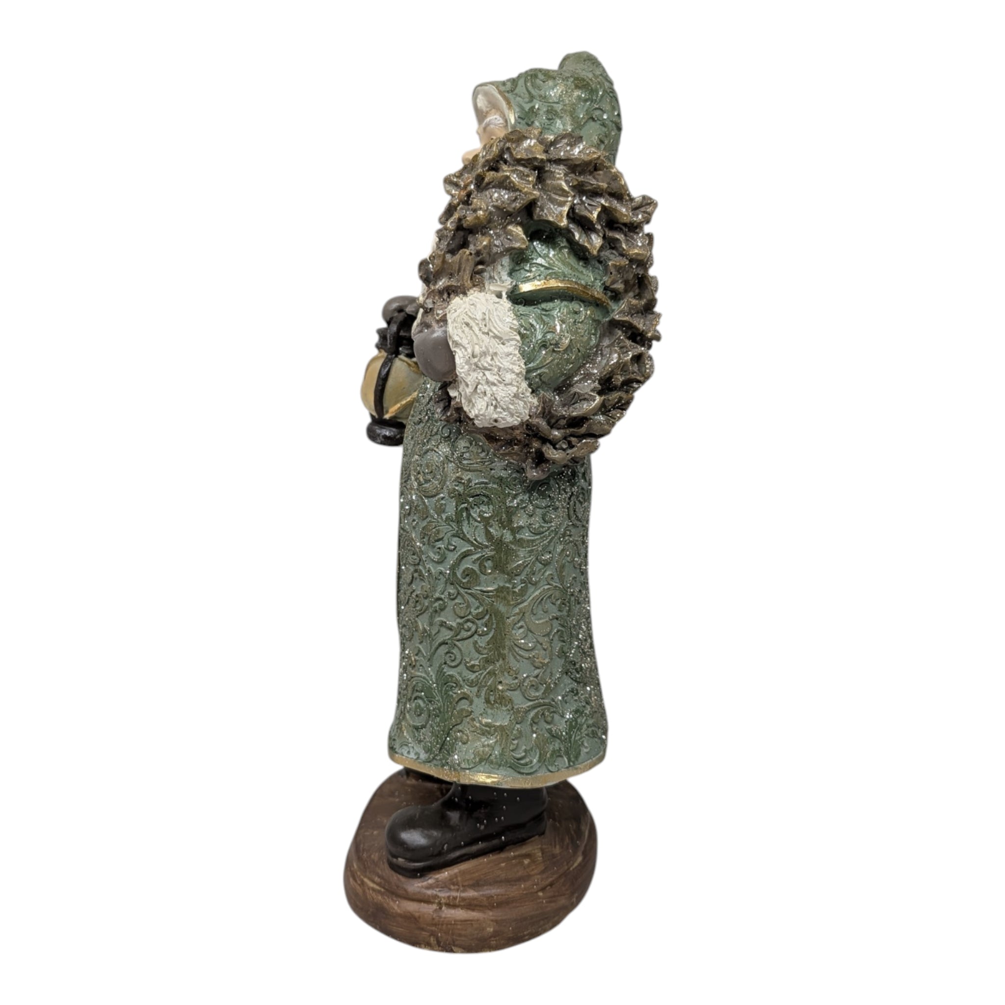Vintage-Inspired Santa with Lantern & Evergreen Resin Figurine