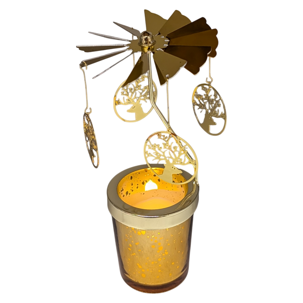 Starry Sky Rotating Candle Holder - Gold with Tree of Life Reindeer Dangles