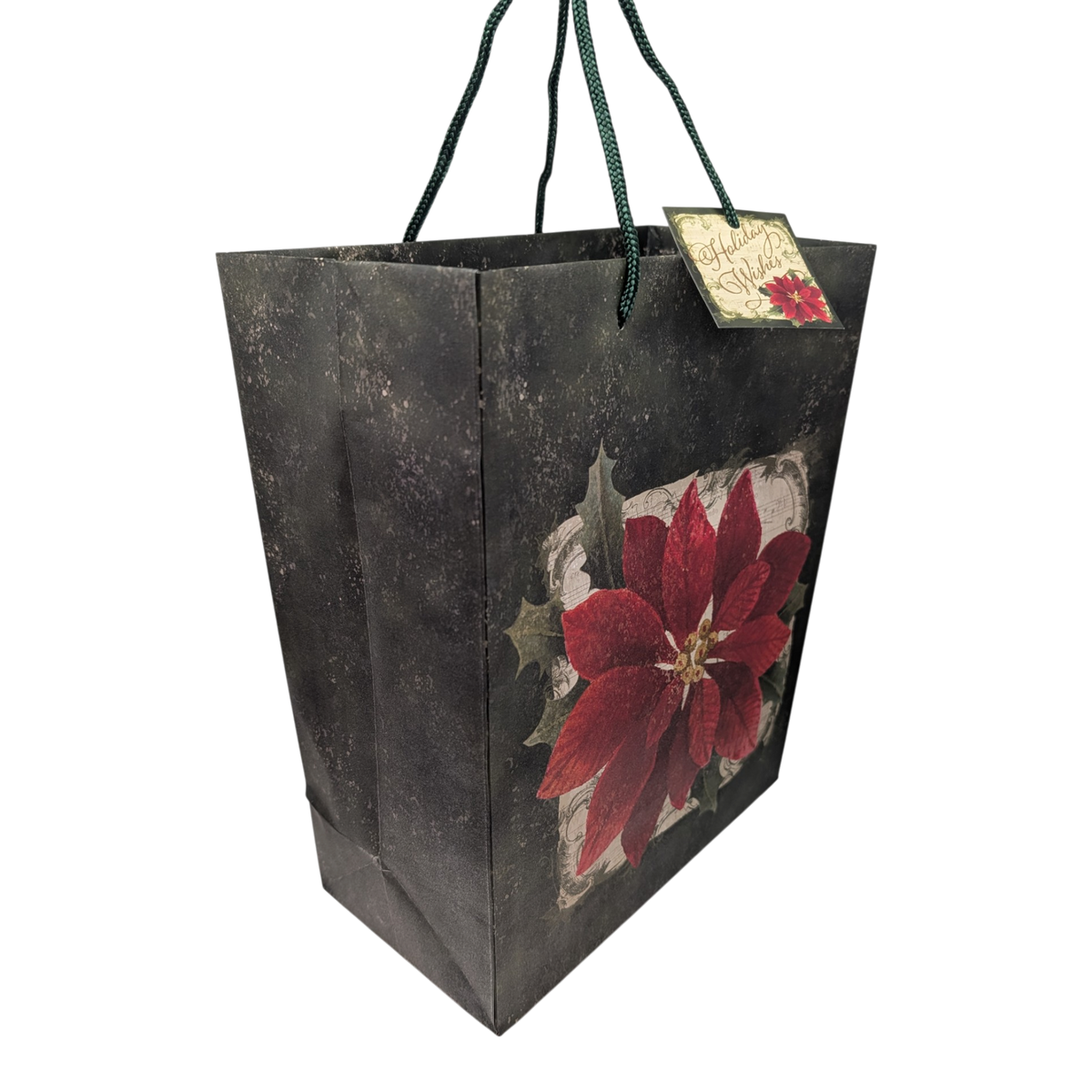 Holiday Wishes Large Gift Bag (Poinsettia on Distressed Dark Green)