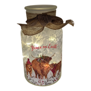 Lighted Frosted Glass Highland Cow Luminary – "Peace on Earth"