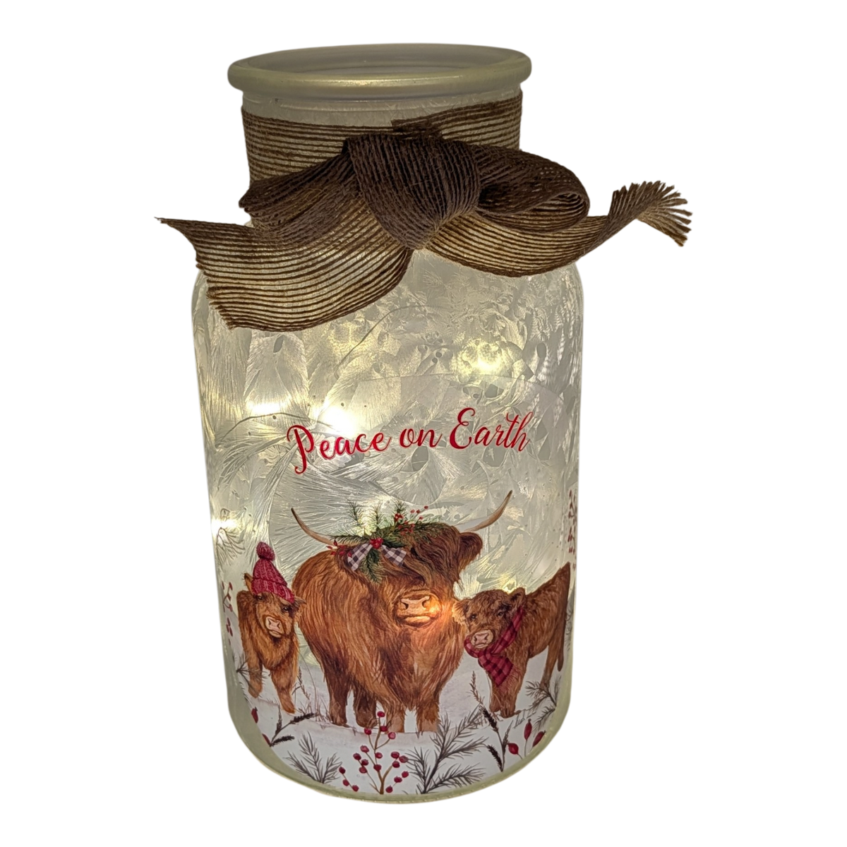 Lighted Frosted Glass Highland Cow Luminary – "Peace on Earth"
